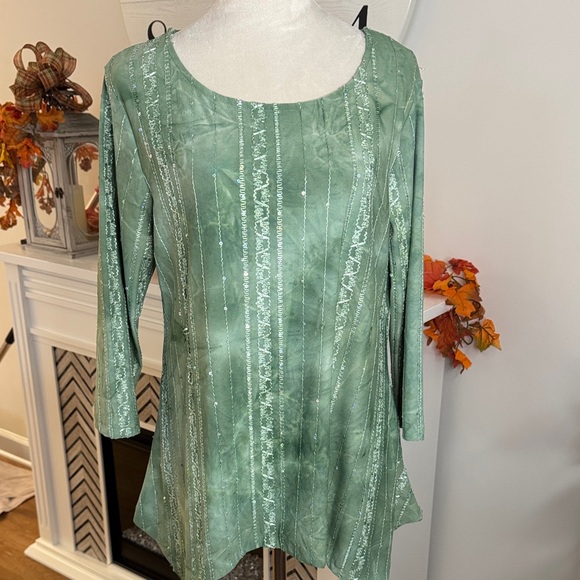 Ruby Rd. Tops - Ruby Rd. Green Tunic with Shimmering Stripes and Sequins